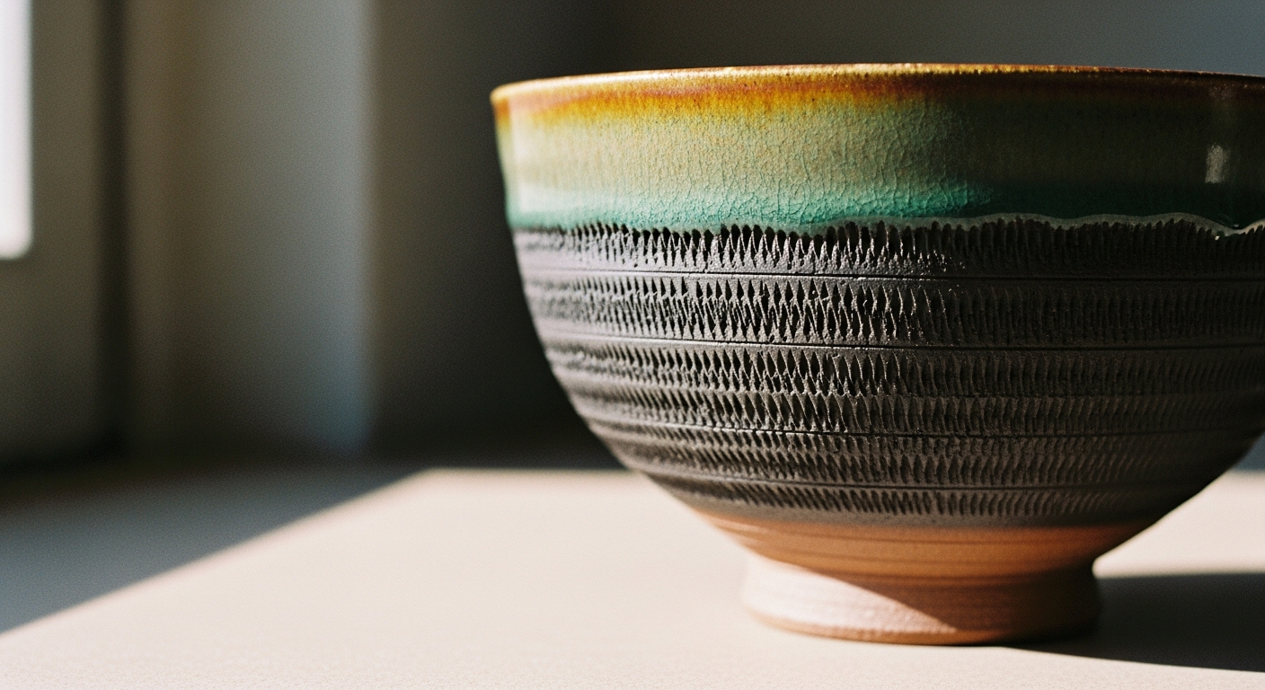 An Onta ware bowl — iron-dark clay, tobikanna, poured glaze