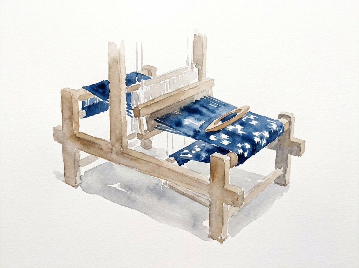 機で織られていく絣の布の挿画